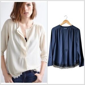 Zadig & Voltaire Tranoi navy silk top with black hem Blue lace trim blouse Sz M